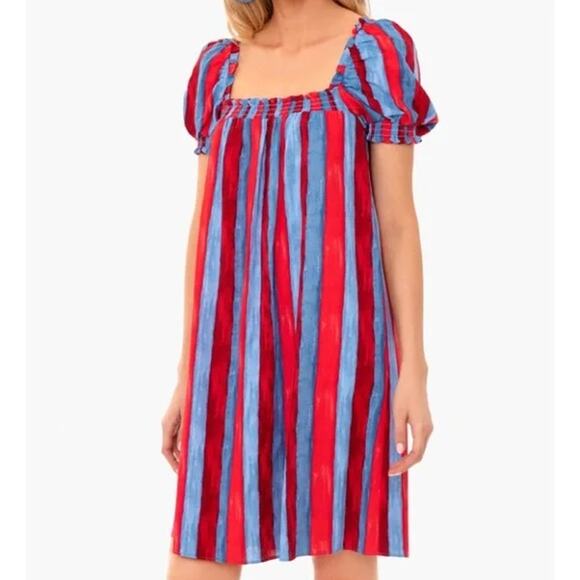 Tuckernuck Pomander Place Mini Dress Linen Blend Puff Sleeve Painterly Striped - Picture 14 of 14